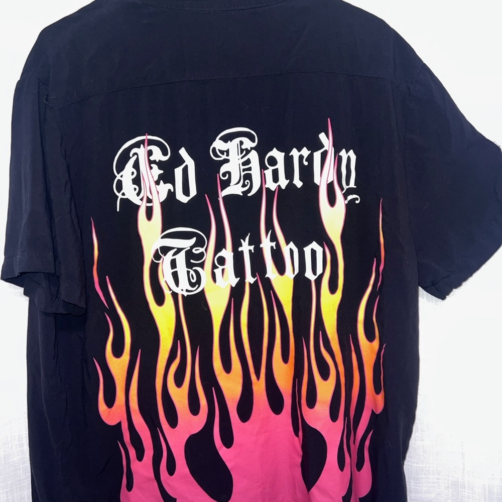Ed Hardy Black Shirt with Pink and Orange Flames